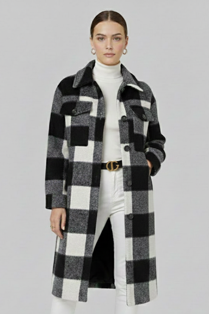 Mujer Long Abrigo con cierre frontal de botones y Checked Woven Surface