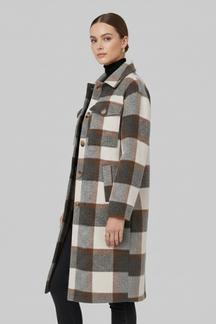 Mujer Long Abrigo con cierre frontal de botones y Checked Woven Surface
