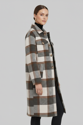 Mujer Long Abrigo con cierre frontal de botones y Checked Woven Surface