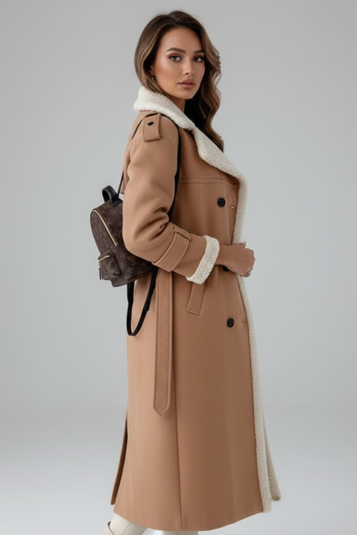 Mujer Long Abrigo con Lapel cuello y Trim Detailing