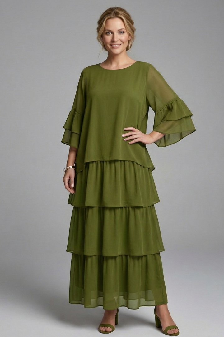 Mujer Vestido Largo con de Cuello Redondo y Layered Falda