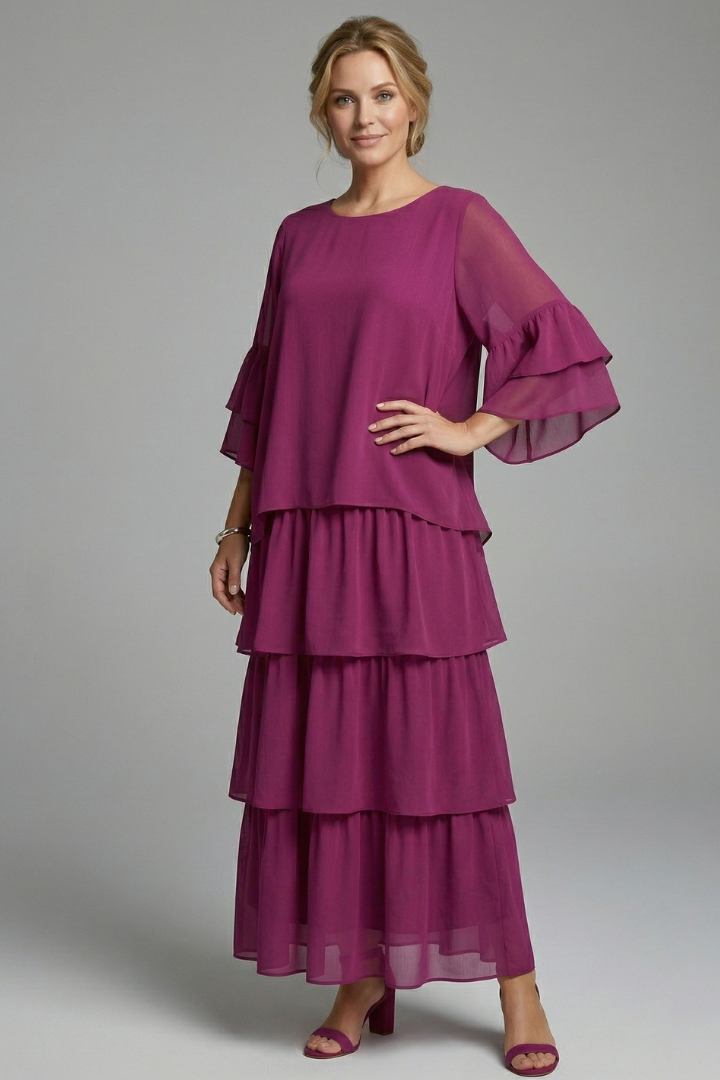 Mujer Vestido Largo con de Cuello Redondo y Layered Falda