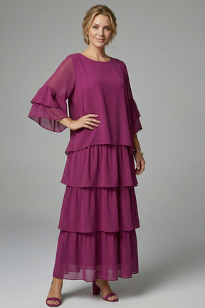 Mujer Vestido Largo con de Cuello Redondo y Layered Falda
