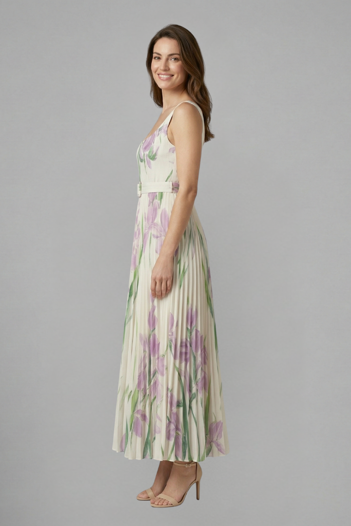 Mujer Vestido Largo con Square Neck y Plisado Falda
