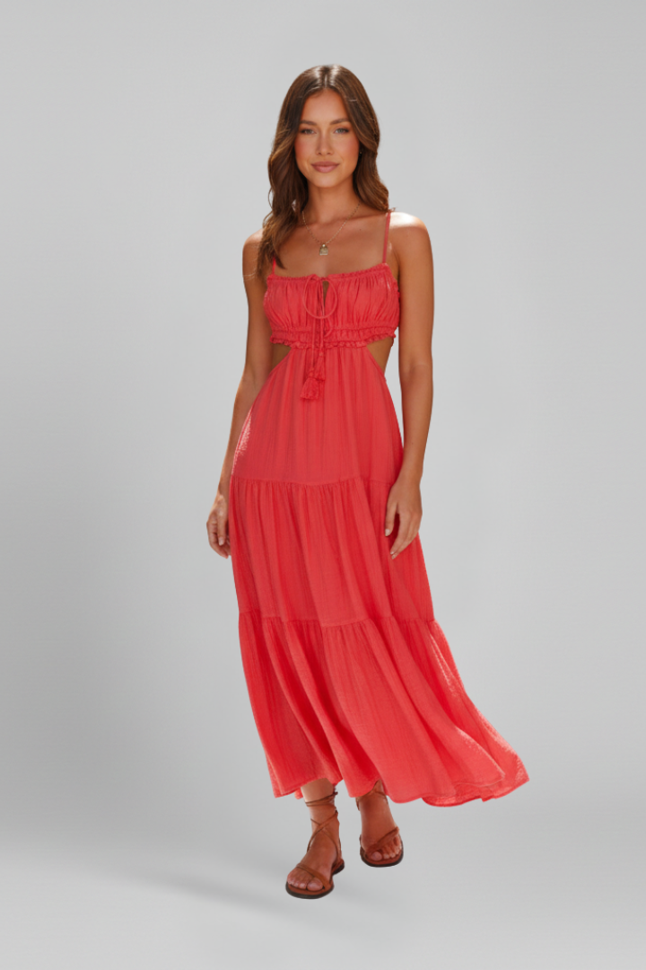 Mujer Vestido Largo con Straight Neckline y Tiered Falda