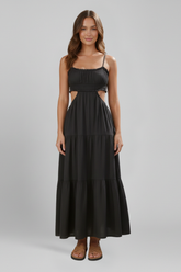 Mujer Vestido Largo con Straight Neckline y Tiered Falda