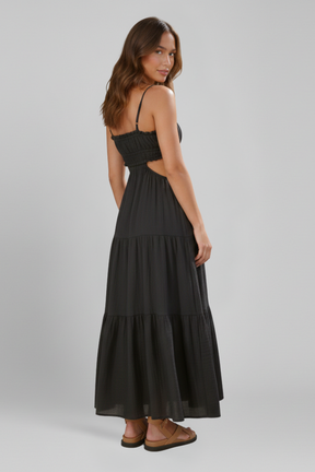 Mujer Vestido Largo con Straight Neckline y Tiered Falda