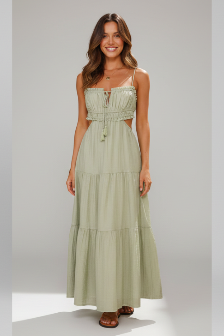 Mujer Vestido Largo con Straight Neckline y Tiered Falda