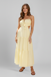 Mujer Vestido Largo con Straight Neckline y Tiered Falda