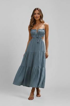 Mujer Vestido Largo con Straight Neckline y Tiered Falda
