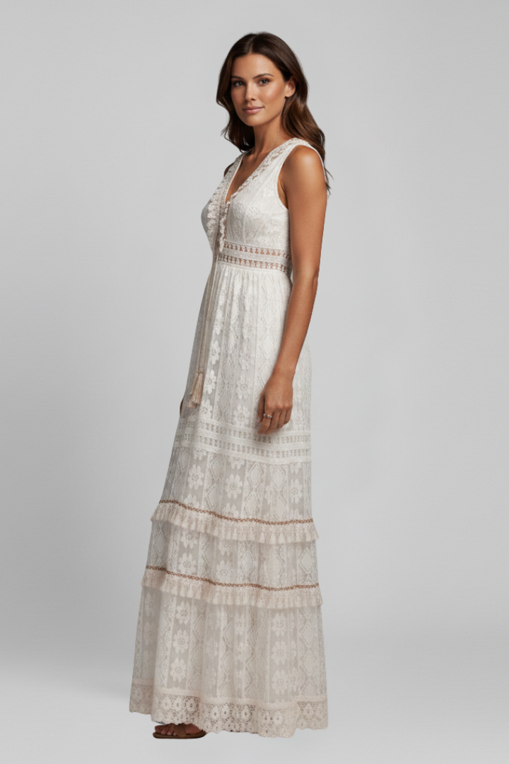 Mujer Vestido Largo con cuello en V y Tiered Falda