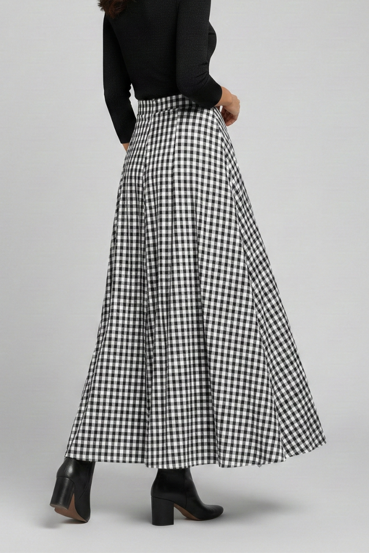 Mujer Maxi Falda con Talle Alto y estampado de cuadros