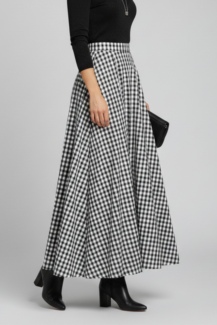 Mujer Maxi Falda con Talle Alto y estampado de cuadros