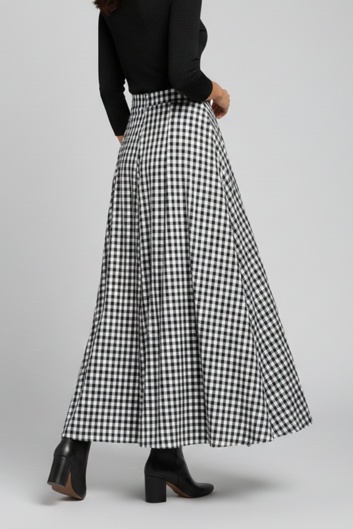 Mujer Maxi Falda con Talle Alto y estampado de cuadros