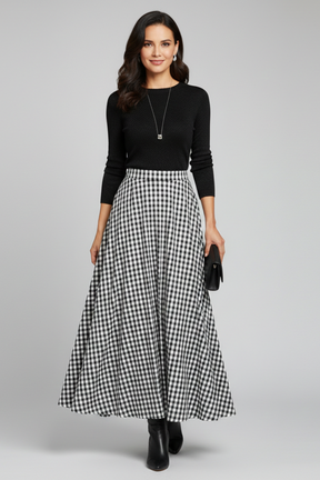 Mujer Maxi Falda con Talle Alto y estampado de cuadros