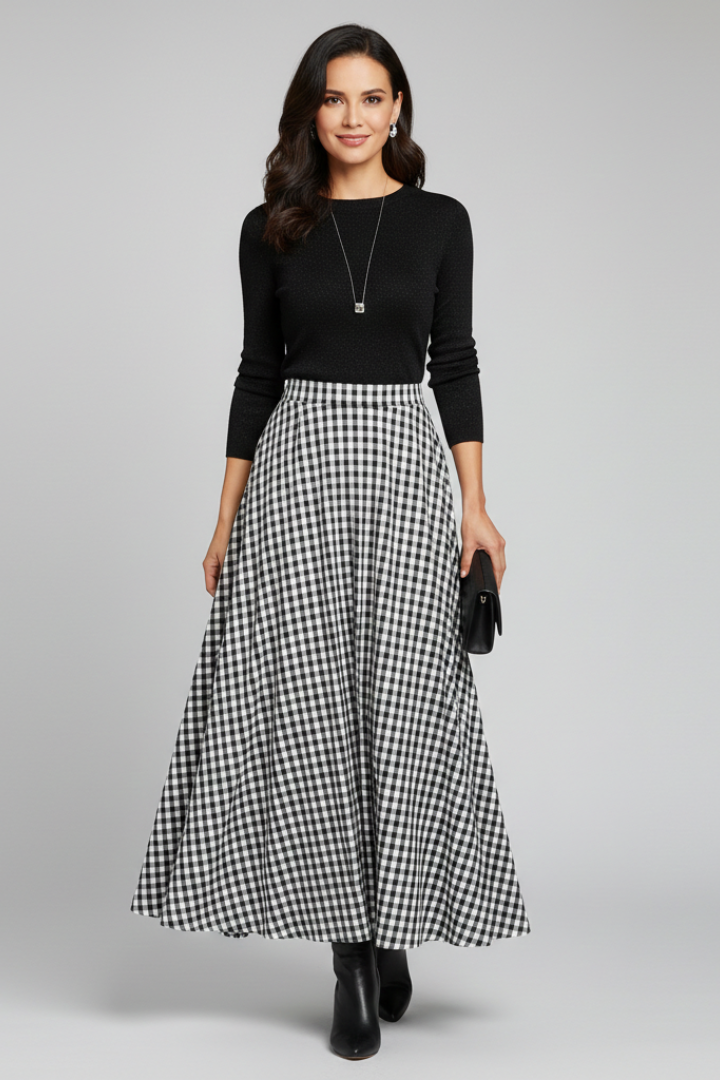 Mujer Maxi Falda con Talle Alto y estampado de cuadros