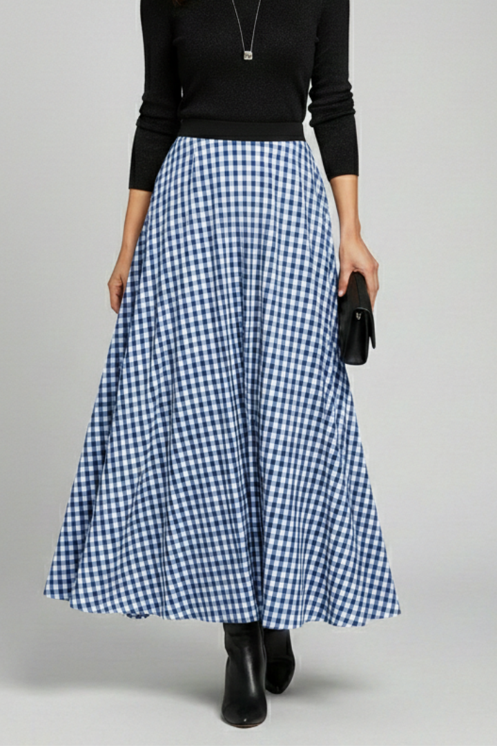 Mujer Maxi Falda con Talle Alto y estampado de cuadros