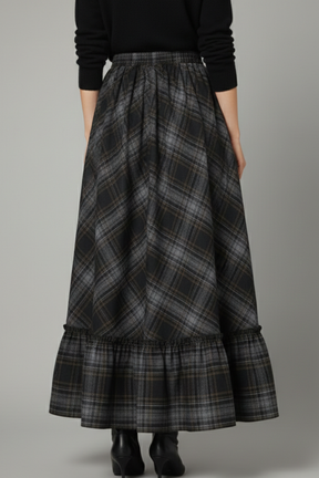 Mujer Maxi Falda con Talle Alto y Plaid estampado