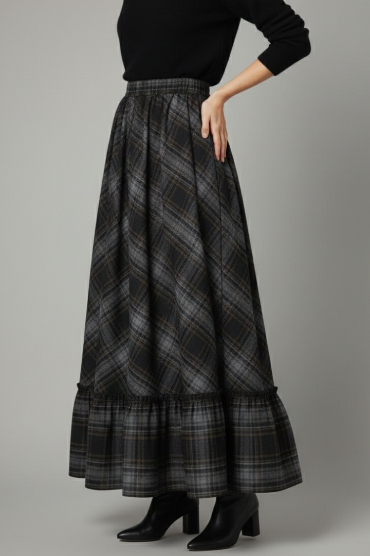 Mujer Maxi Falda con Talle Alto y Plaid estampado