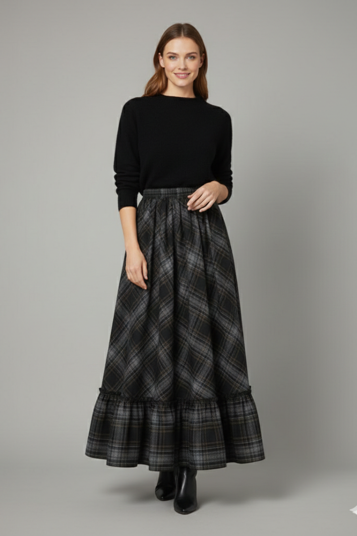 Mujer Maxi Falda con Talle Alto y Plaid estampado