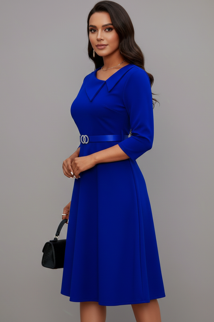 Mujer Vestido Midi con Asymmetrical Neckline y Cinturón