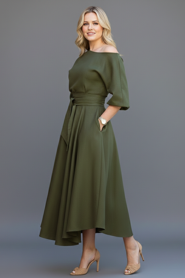 Mujer Vestido Midi con Off-hombro Neckline y Lantern mangas