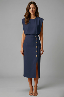 Mujer Vestido Midi con de Cuello Redondo y botón Slit