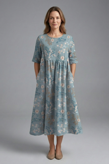 Mujer Vestido Midi con de Cuello Redondo y Floral Print