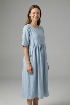Mujer Vestido Midi con de Cuello Redondo y Manga Cortas