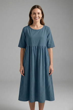 Mujer Vestido Midi con de Cuello Redondo y Manga Cortas