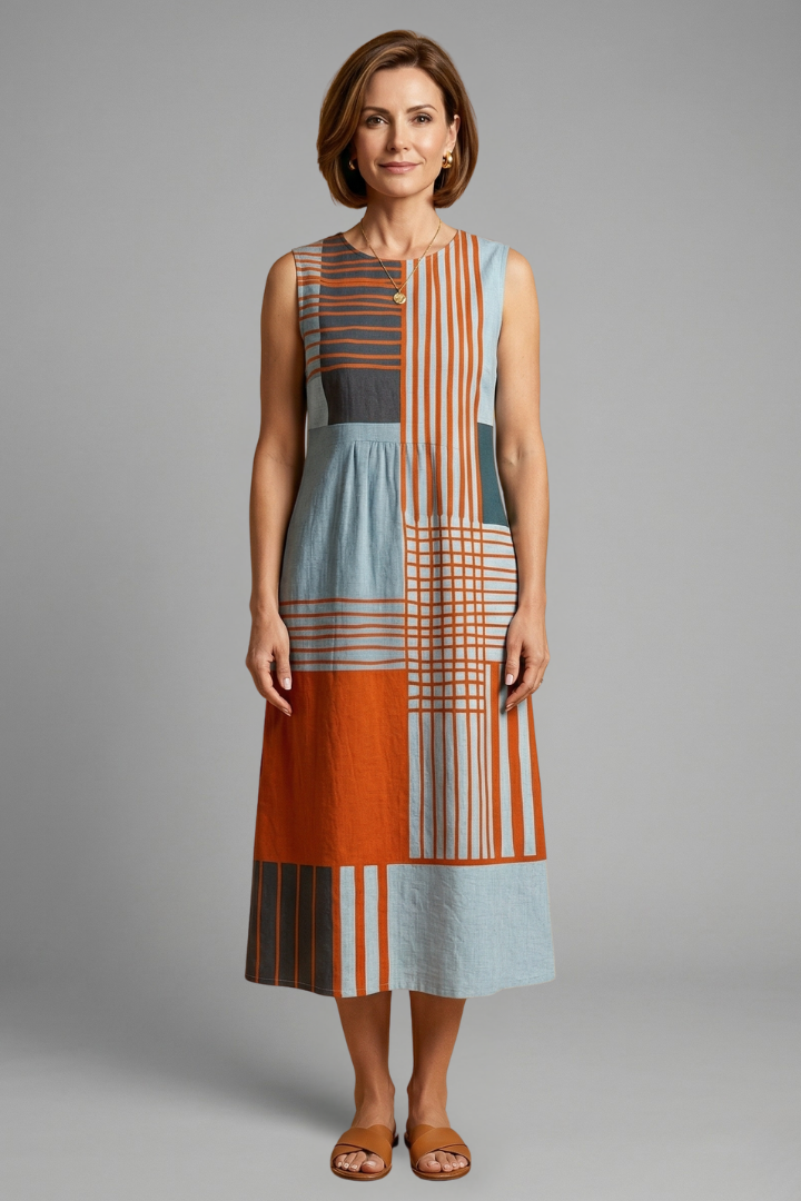 Mujer Vestido Midi con Sin Mangas diseño y Geometric Print