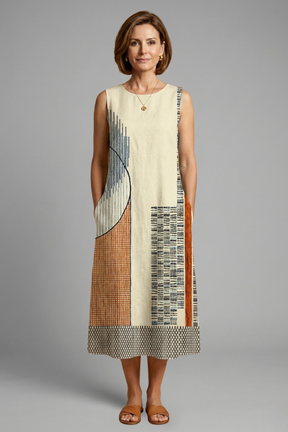 Mujer Vestido Midi con Sin Mangas diseño y Geometric Print