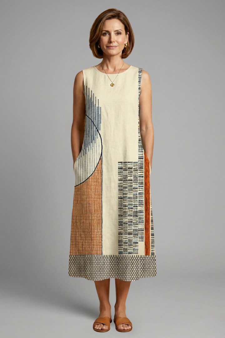 Mujer Vestido Midi con Sin Mangas diseño y Geometric Print