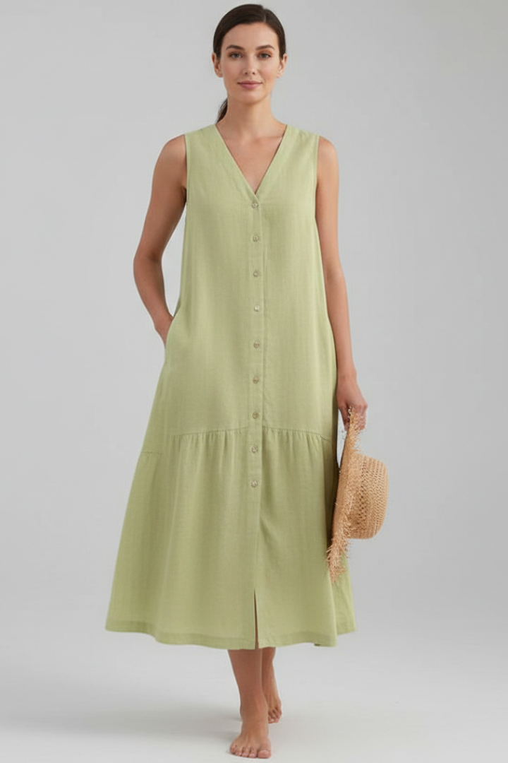 Mujer Vestido Midi con de Cuello en V y cierre frontal de botones