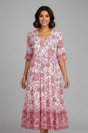 Women’s Midi vestido con cuello en V y manga corta