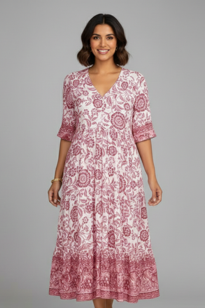 Women’s Midi vestido con cuello en V y manga corta