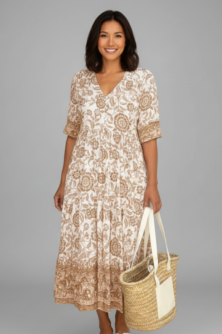 Women’s Midi vestido con cuello en V y manga corta