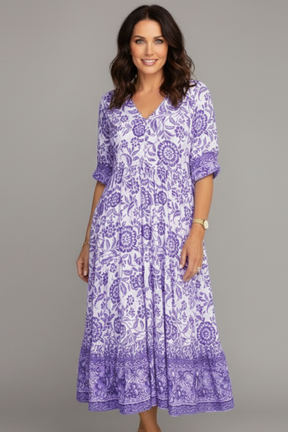 Women’s Midi vestido con cuello en V y manga corta