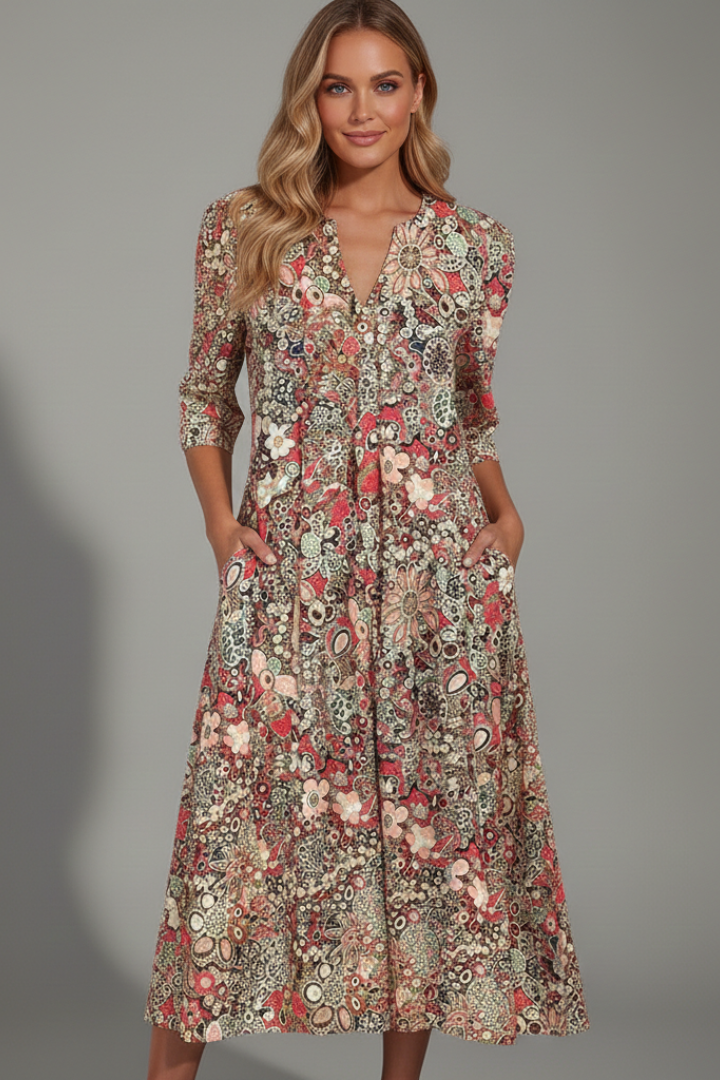 Mujer Vestido Midi con de Cuello en V y Three-Quarter mangas