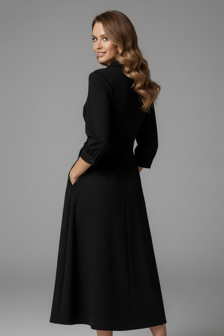 Mujer Vestido Midi con V-Shaped Neckline y Manga Largas