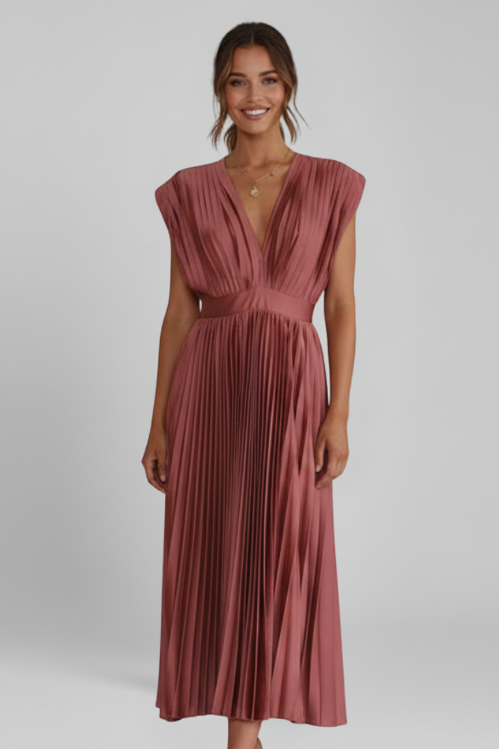 Mujer Vestido Midi con escote en V y Plisado Falda