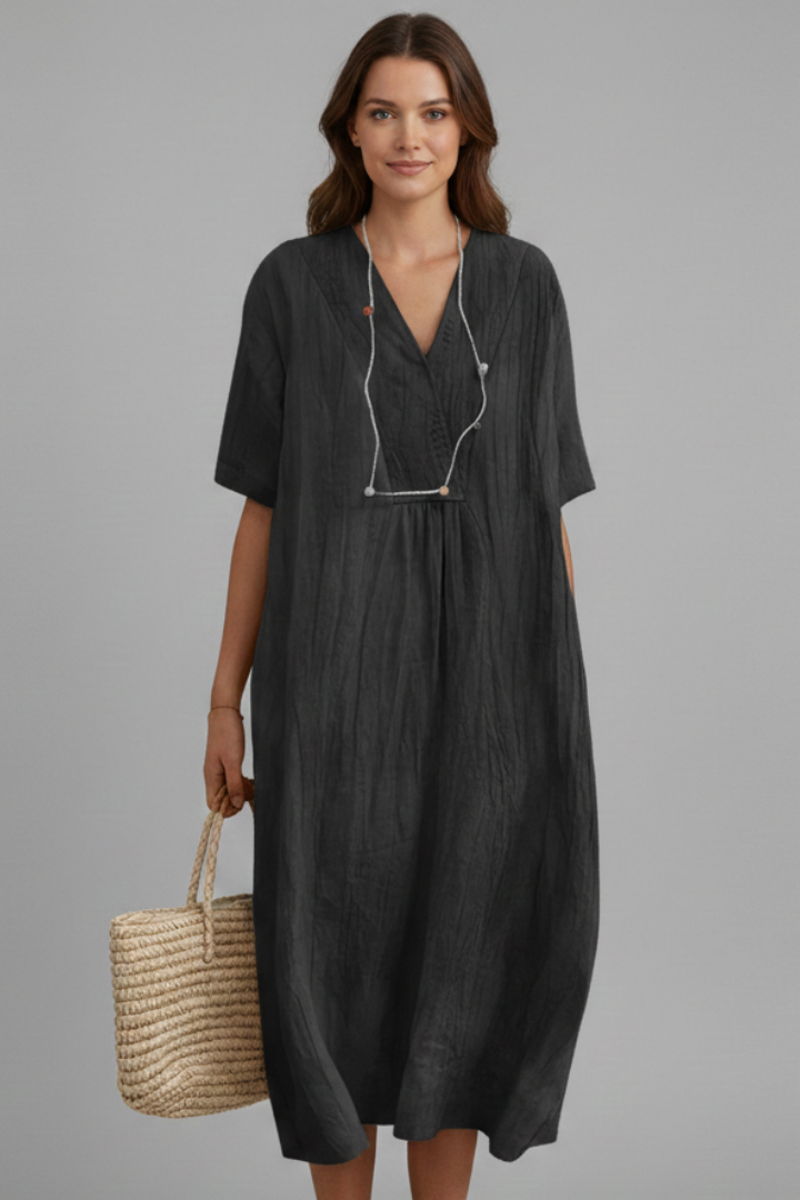Mujer Vestido Midi con escote en V y Manga Cortas