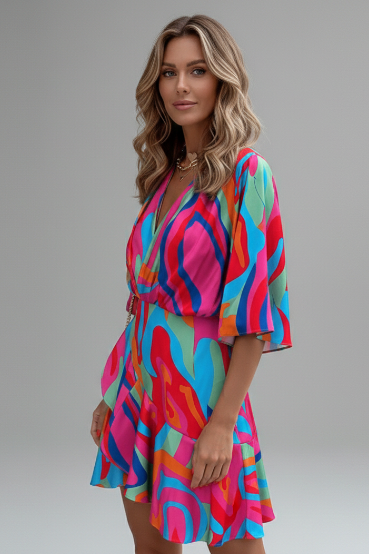 Mujer Vestido Corto con Batwing mangas y cintura Tie