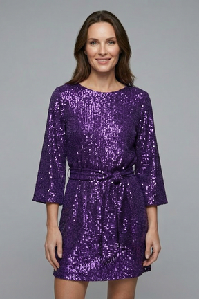 Mujer Vestido Corto con Cintura Anudada y Manga Largas