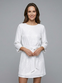 Mujer Vestido Corto con Cintura Anudada y Manga Largas