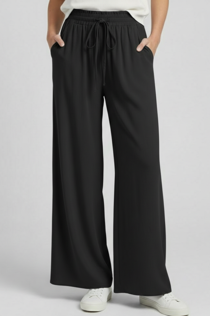 Mujer Palazzo Pantalón con Drawstring cintura y bolsillos laterales
