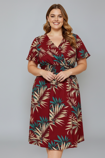 Mujer Plus Size Vestido Cruzado con de Cuello en Vline y Manga Cortas