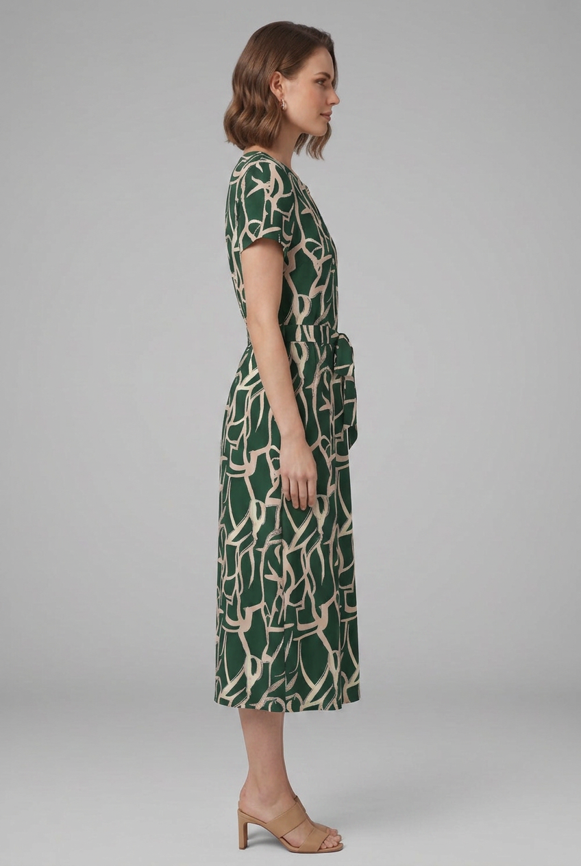 Mujer Printed Vestido con Keyhole Neckline y cintura Tie
