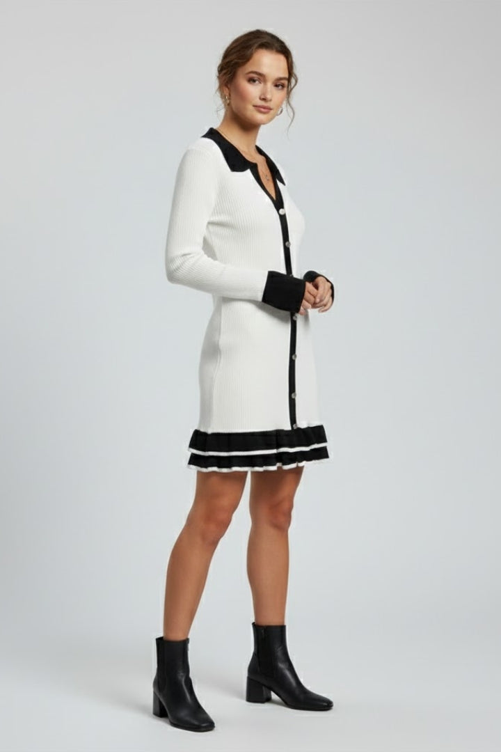 Mujer de Canalé botón Down Vestido con Structured cuello