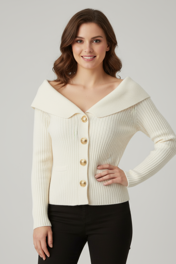 Mujer de Canalé Cárdigan con Foldover Neckline y botón-Front diseño